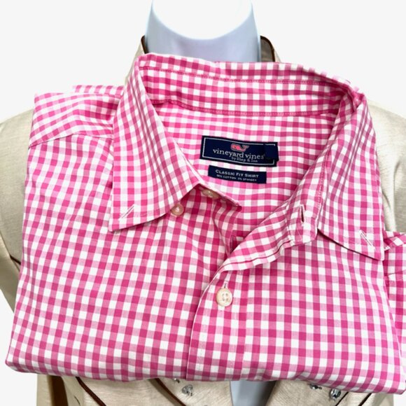 Men Shirts Button: VINEYARD VINES Pink White Check Med +Penguine Pink Lg (79) - Picture 5 of 13